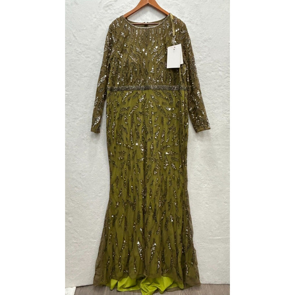 NWT Mac Duggal 5124 Women's Olive Green Beaded Long Sleeve Evening Gown Size 20 - Picture 4 of 16